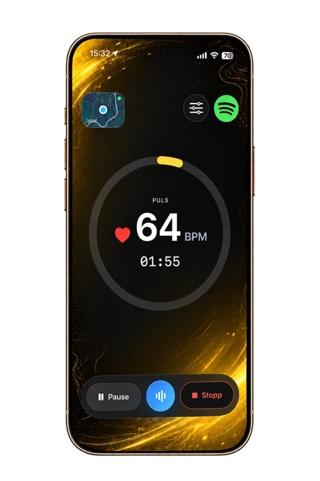 Coachi's active workout screen with heart rate, elapsed time and voice controls.