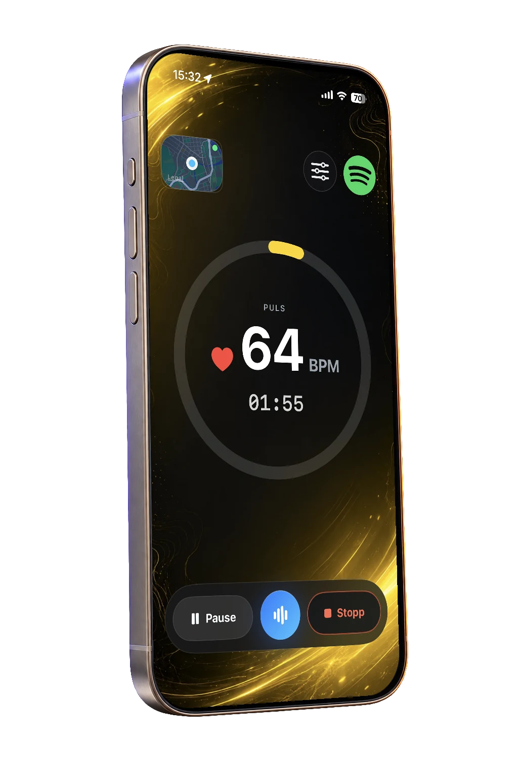 Coachi live coaching screen with heart rate 64 BPM, elapsed time, route map, and Spotify in reach, on a titanium phone.