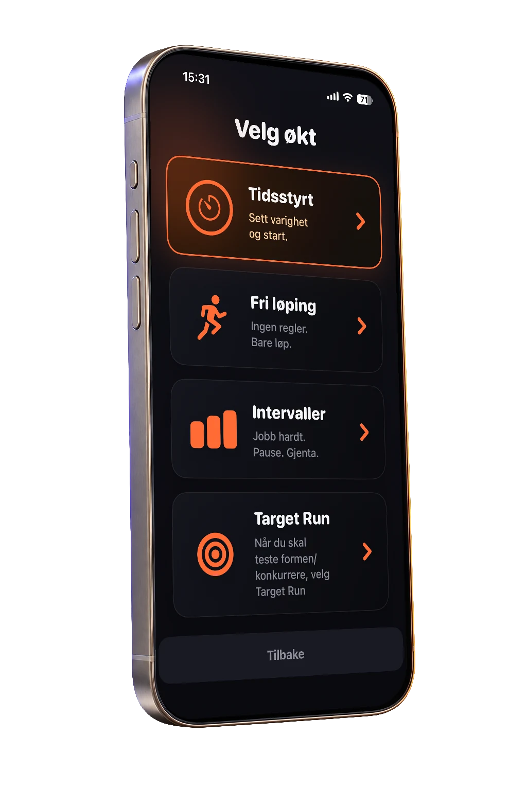 Coachi session picker with Timed, Free Run, Intervals, and Target Run, on a titanium phone.