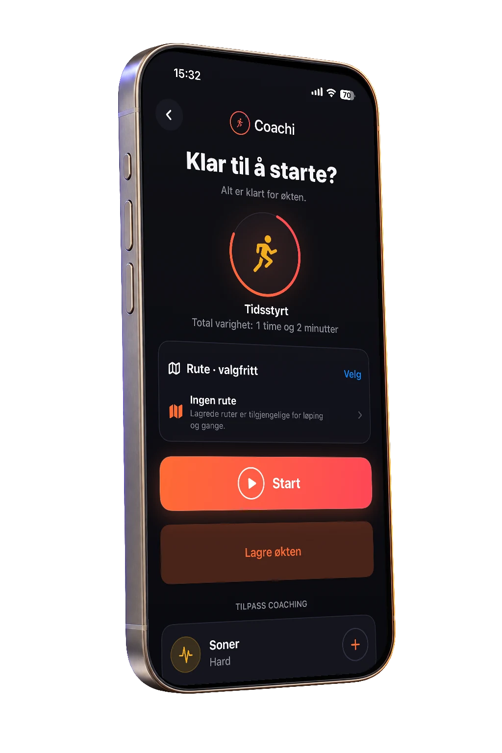 Coachi ready-to-start screen for a one-hour timed session, with Start button and coaching customisation, on a titanium phone.