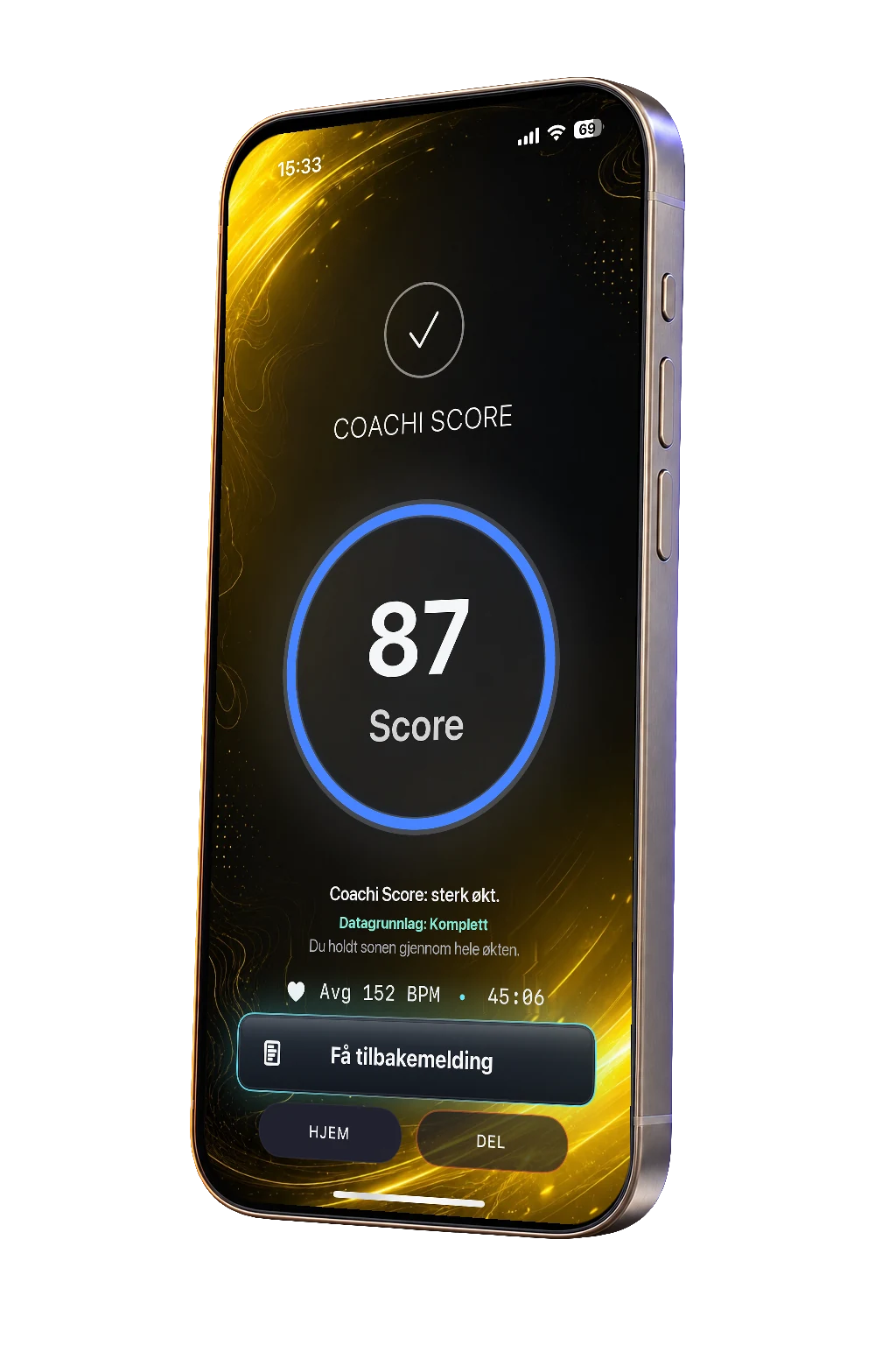Coachi Score screen showing 87 after a completed workout, with average heart rate and session time, on a titanium phone.