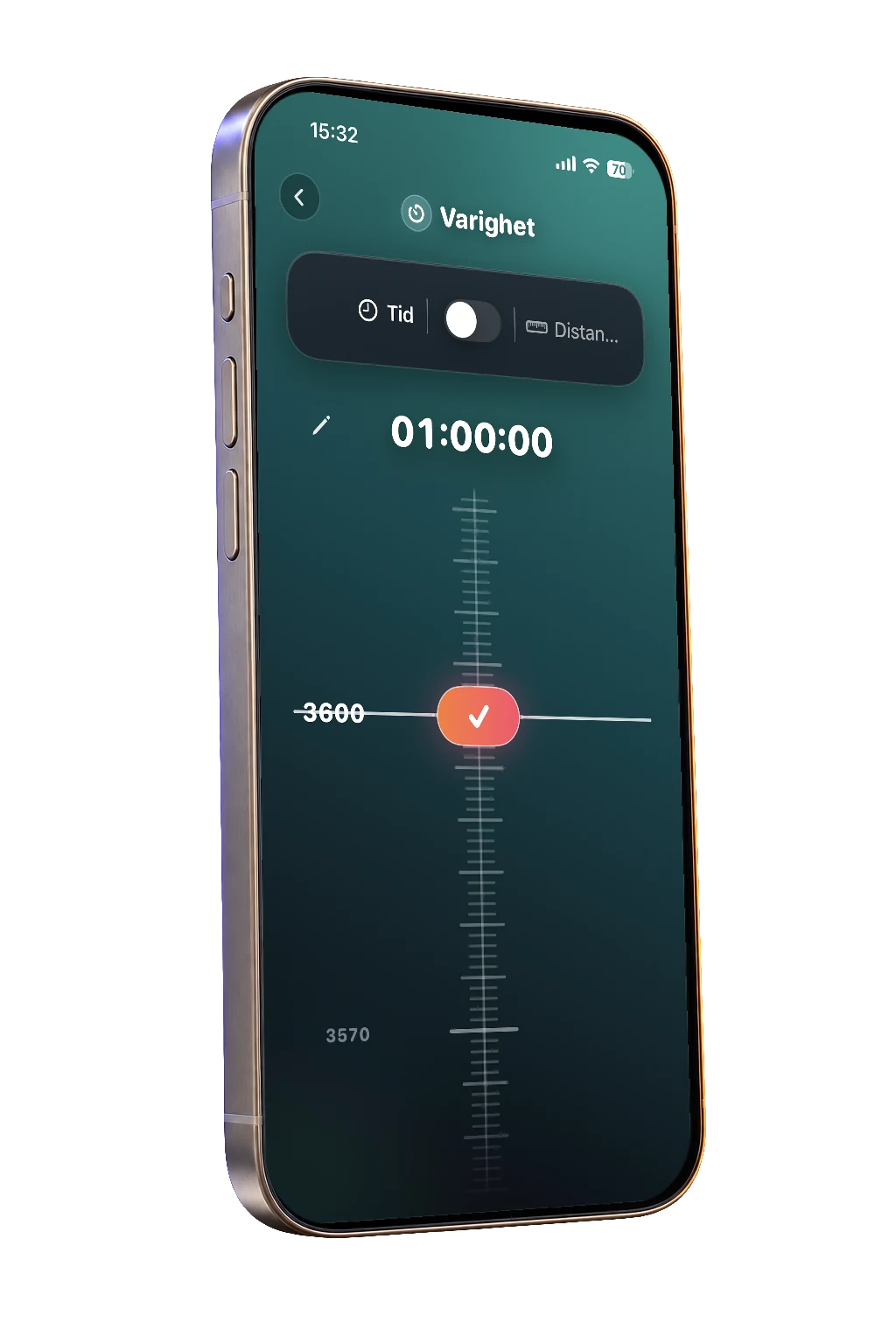 Coachi duration picker set to one hour on a precise ruler, with time and distance modes, on a titanium phone.