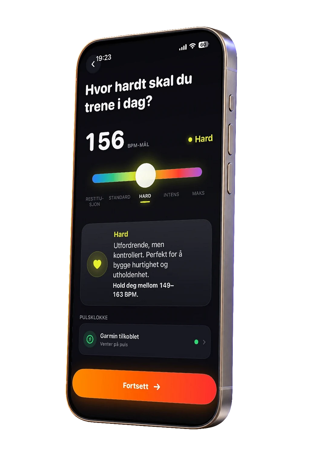 Coachi asking how hard to train today, with a colour scale from recovery to max, a 156 BPM target, and a connected Garmin watch, on a titanium phone.