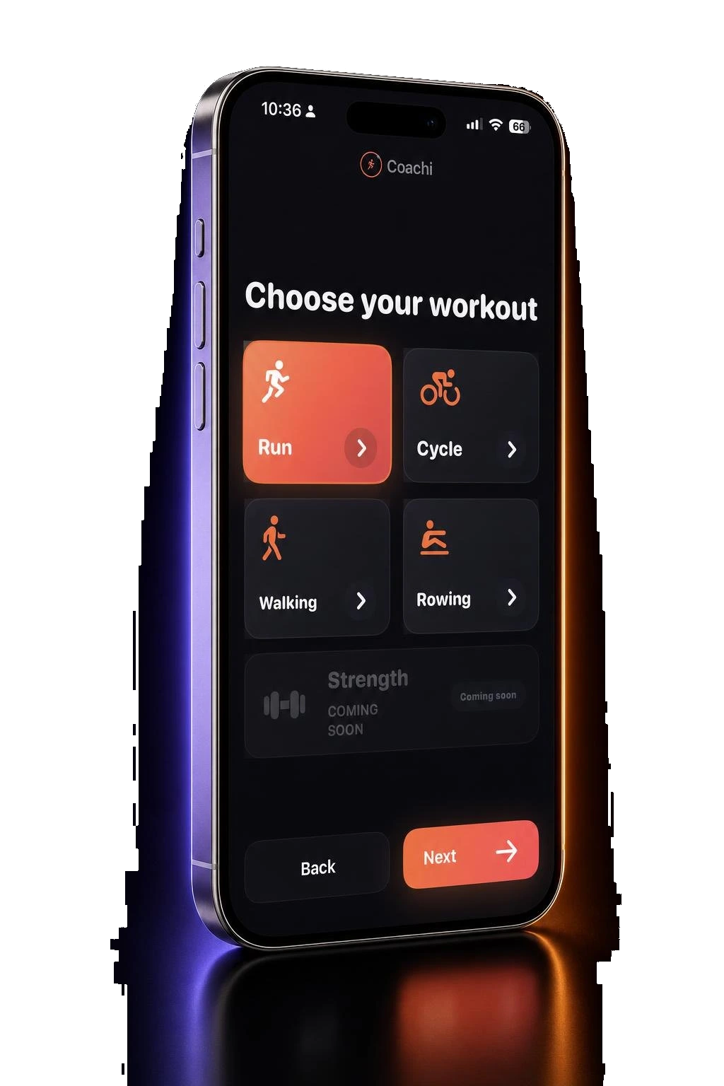 Coachi activity chooser with Run selected, plus Cycle, Walking and Rowing options, on a titanium phone.