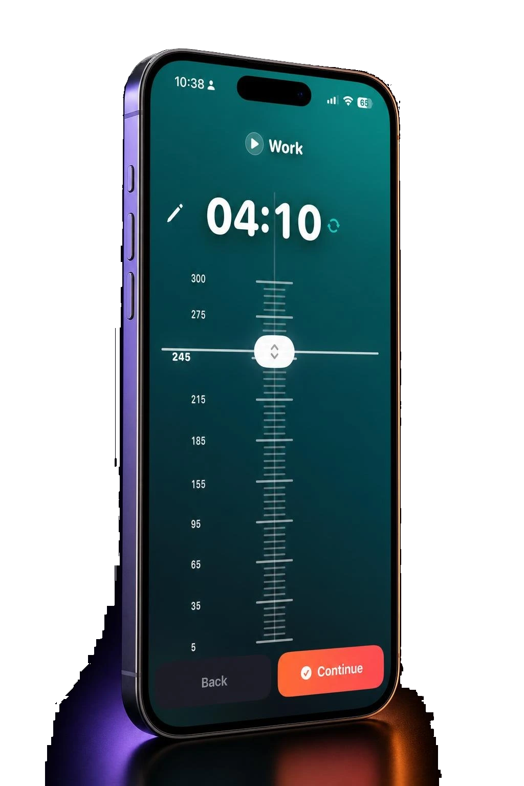 Coachi interval work-duration dial set to 4 minutes 10 seconds, on a titanium phone.
