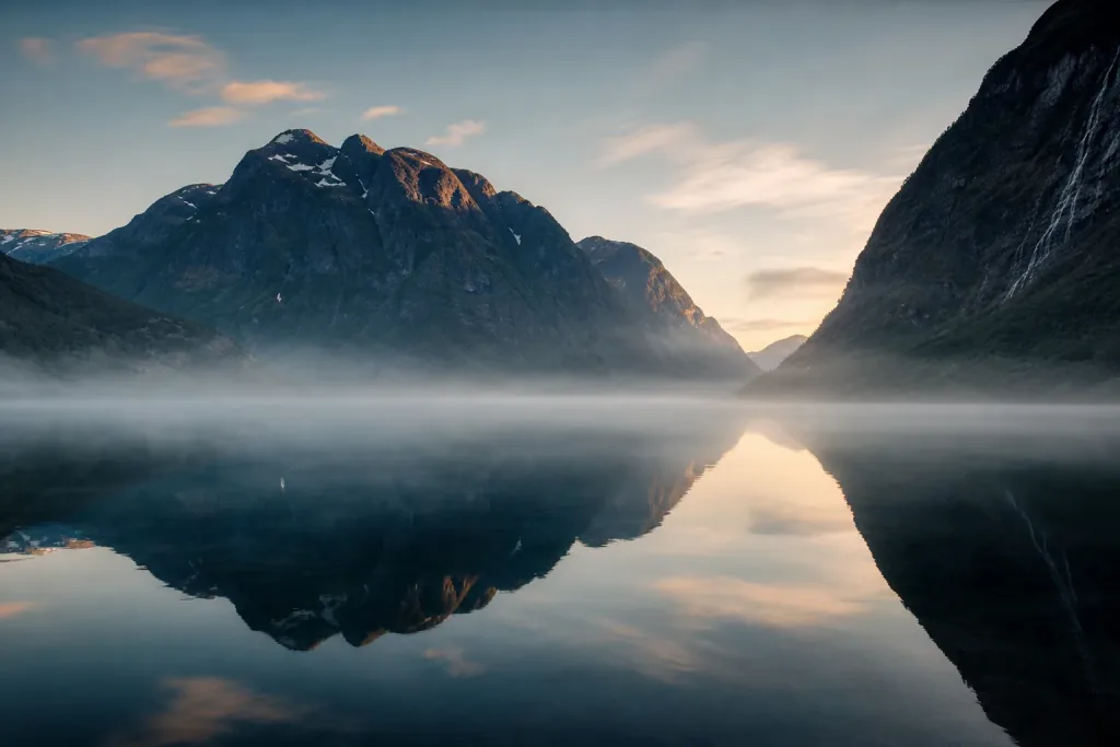 Quiet morning light over a Norwegian fjord.