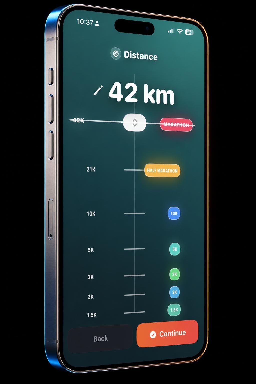 Coachi distance selector set to 42 kilometres, with quick targets from 1.5K up to marathon, on a three-dimensional titanium phone.