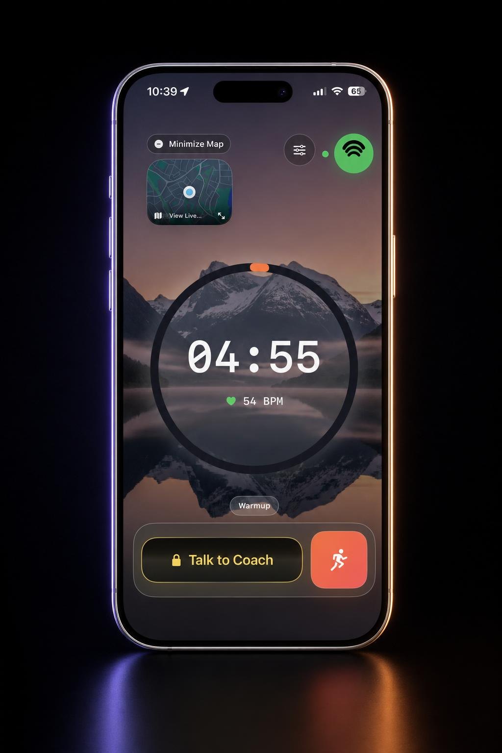 Coachi live workout screen with timer ring, live heart rate, and route map, on a titanium phone.