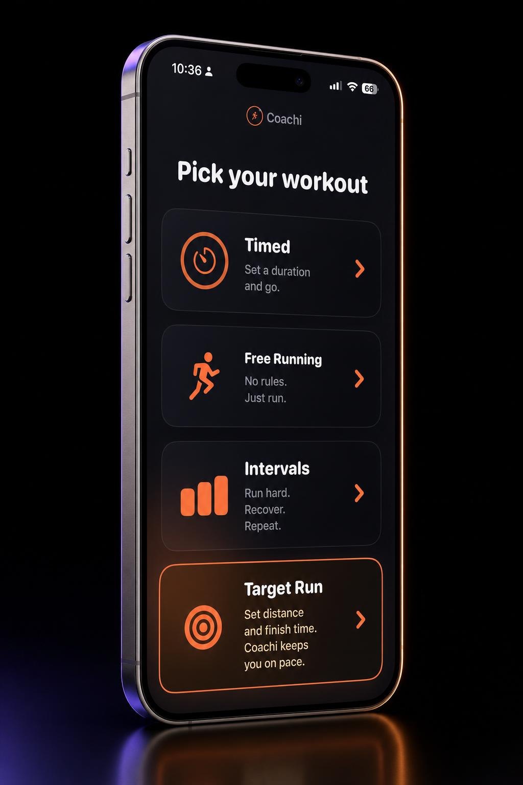 Coachi workout picker with Timed, Free Running, Intervals, and Target Run options, on a titanium phone.