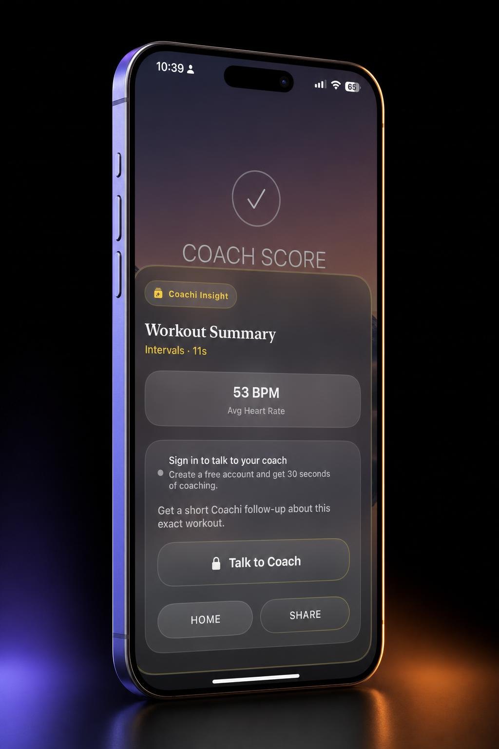 Coachi workout summary with average heart rate and a Coachi Insight follow-up, on a titanium phone.