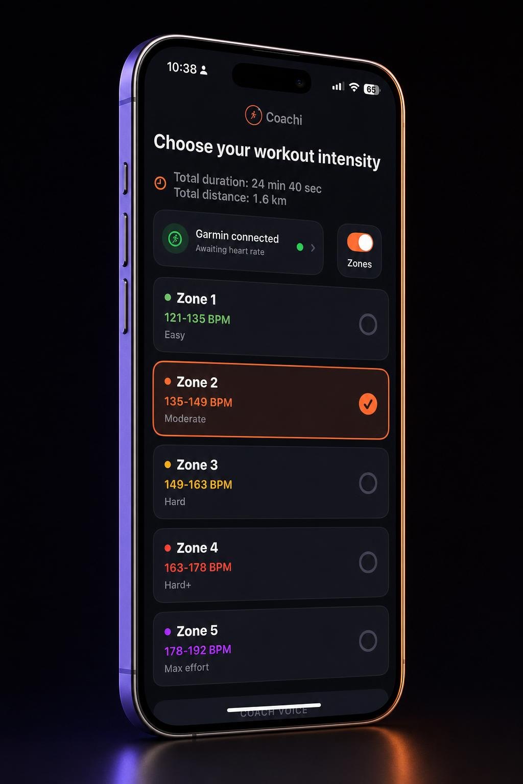 Coachi intensity screen on a three-dimensional titanium phone, showing heart-rate Zones 1 to 5 with Zone 2 selected.