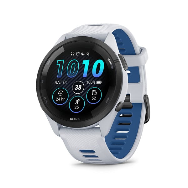Garmin Forerunner 265 with a white and blue band.