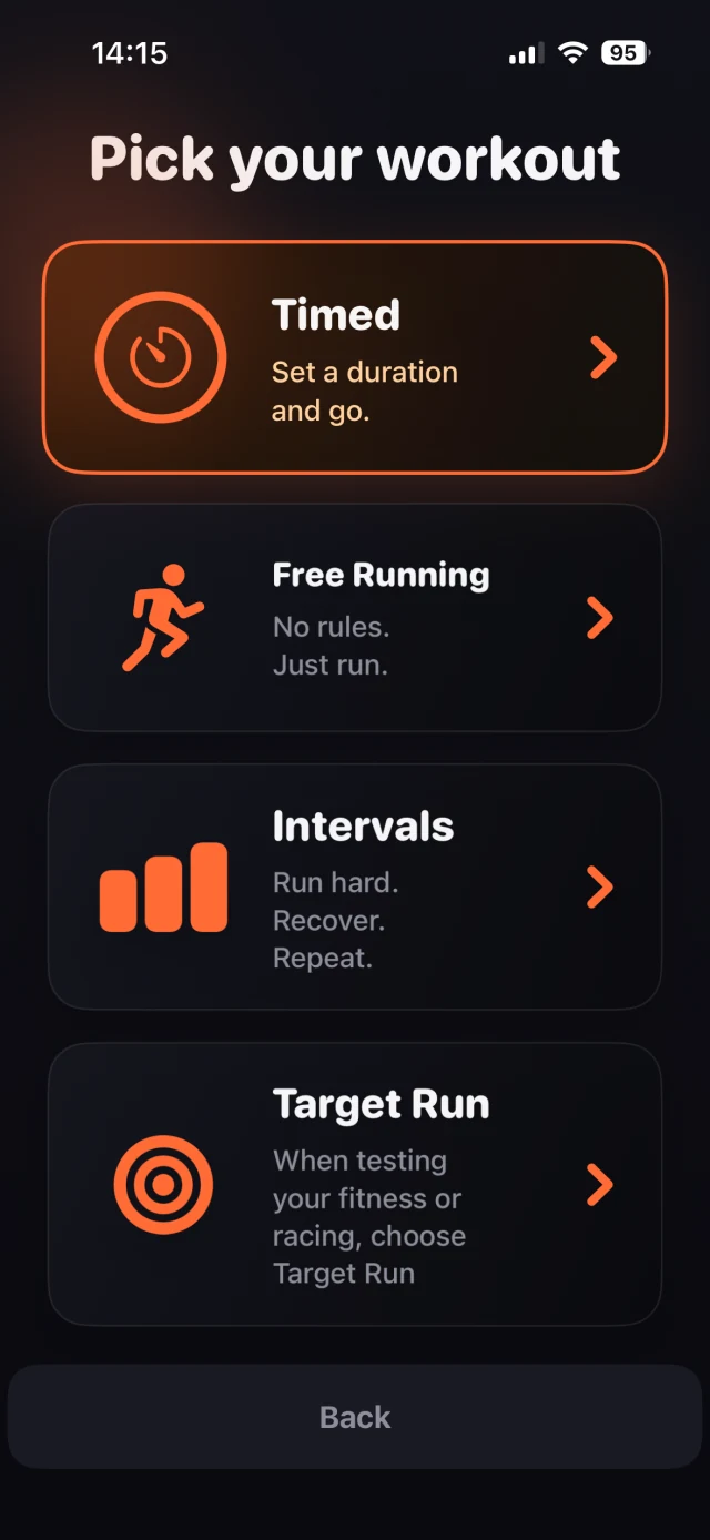 Coachi workout menu with Timed selected: set a duration and go.