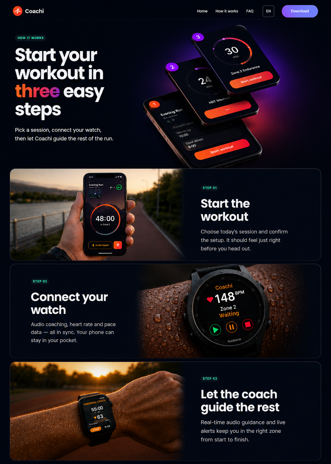 Coachi how it works page with three steps